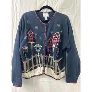 Vintage Christopher & Banks Hand Embroidered Cardigan Sweater XL Blue Bird House